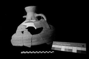 The top remains of an amphora. A Kodak color patch sits to the left of the artifact. The image is in black and white.